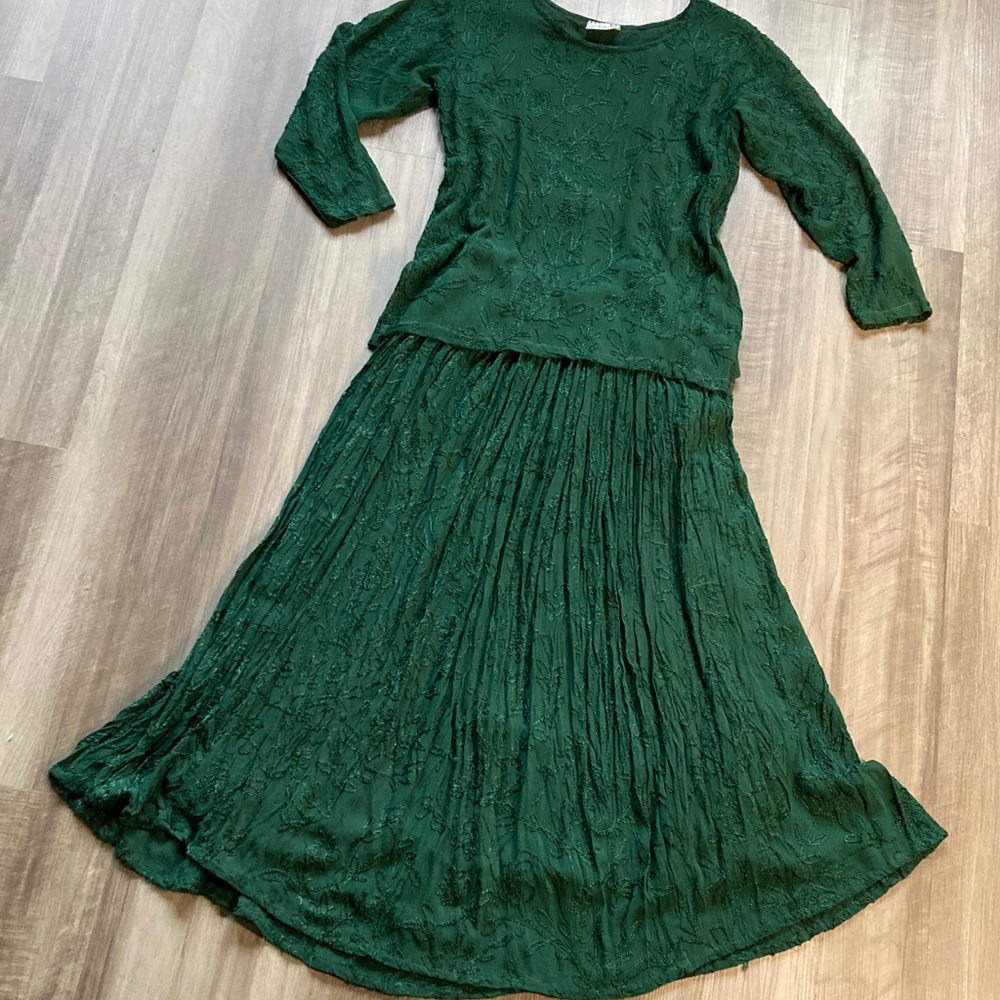 Vintage 90s Forest Green 2 PC Top Skirt Embroidered Fairy Grunge Whimsigoth S/M